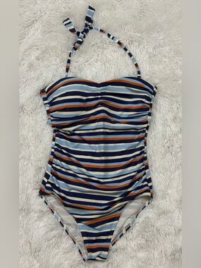 J. McLaughlin Navy, Light Blue & Orange Striped One-Piece Swimsuit